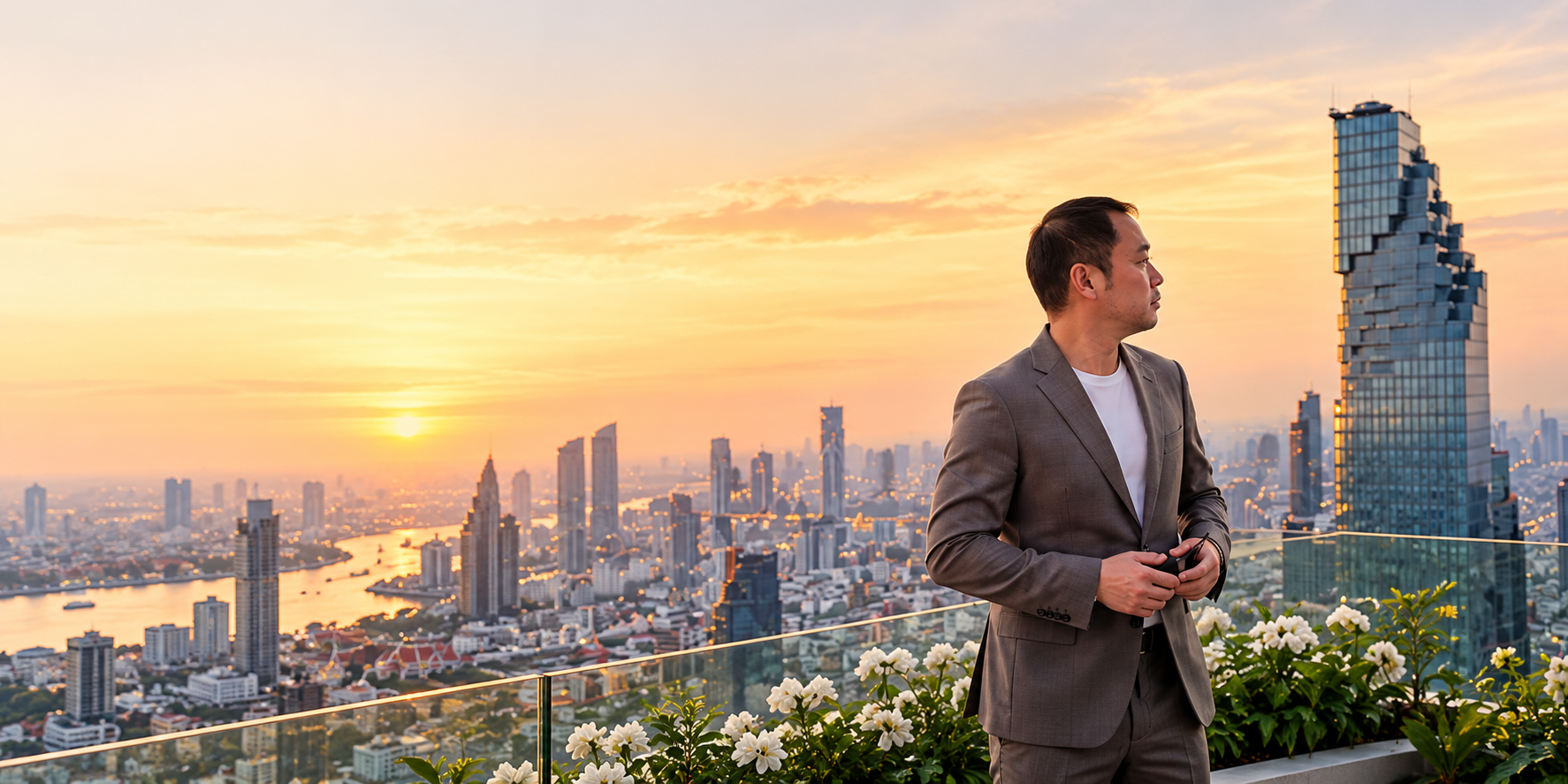 Porträt des Gründers von TIMEBACK OFFICE auf einem Rooftop in Bangkok bei Abendsonne